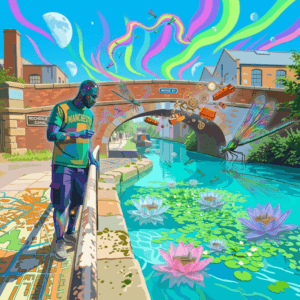 A surreal image created for Skendong Poetry of bald Black man with cosmic, star-filled skin stands by Bridge 87 on the Rochdale Canal, gazing at giant iridescent demoiselles hovering over stylized lily pads.