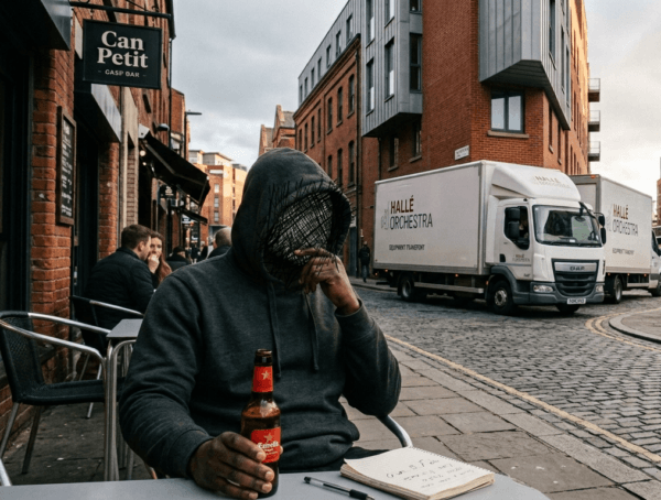 Image created for Skendong Poetry of a black hooded male drinking Estrella with a notebook and pen on the table at Can Petit, Ancoats, Manchester