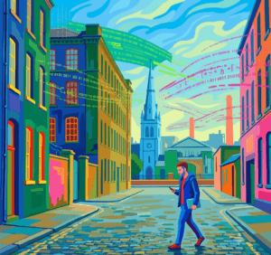 AI-generated illustration for Skendong Poetry depicting a lone figure walking through sunlit Ancoats beneath subtle streams of digital code.