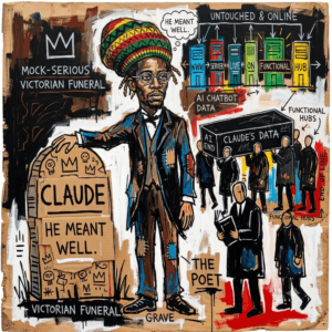 A raw, neo-expressionist painting depicts a figure in a Rastacap beside a cardboard gravestone for Claude AI. Image generated for Skendong Poetry.