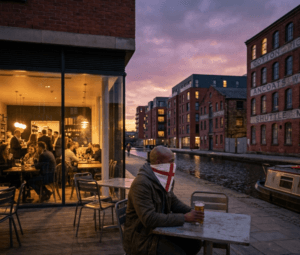 Image generated for Skendong Poetry of a solitary figure sitting beside a Manchester canal at dusk, holding a Helles lager, looking towards the lights of a modern Ancoats wine bar.