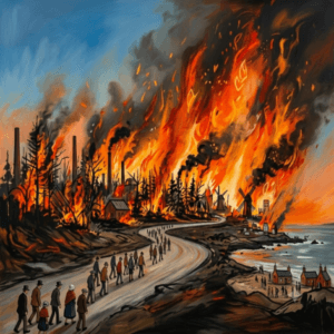 A dramatic painting shows many small figures fleeing a massive forest and coastal town inferno. Image generated for Skendong Poetry