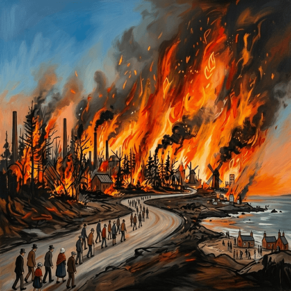 A dramatic painting shows many small figures fleeing a massive forest and coastal town inferno. Image generated for Skendong Poetry