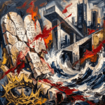 A brightened, high-contrast neo-expressionist oil painting depicting crumbling ancient symbols amidst crashing ocean waves.