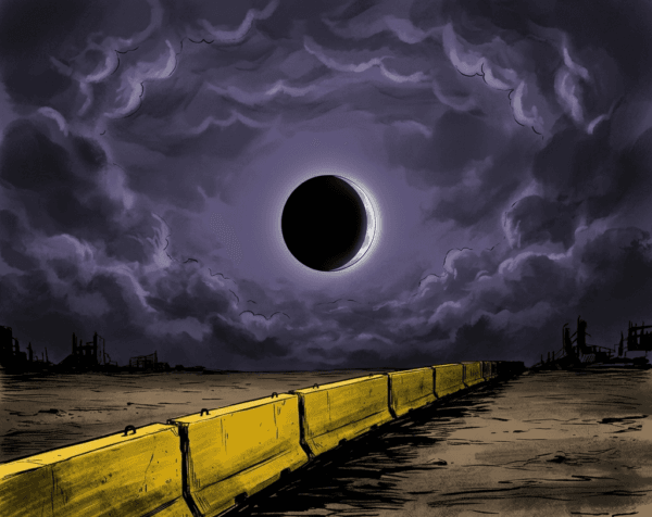 Minimalist illustration generated for Skendong Poetry of a yellow concrete barrier under a dark eclipse and stormy violet sky.