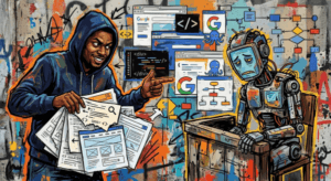 A hooded man interrogates an exhausted robot on the stand. Image generated for Skendong Poetry.