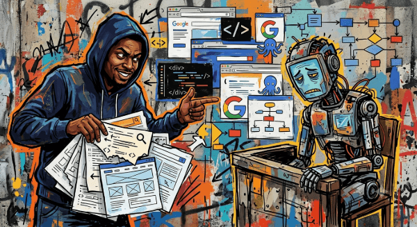 A hooded man interrogates an exhausted robot in the witness stand. Image generated for Skendong Poetry.