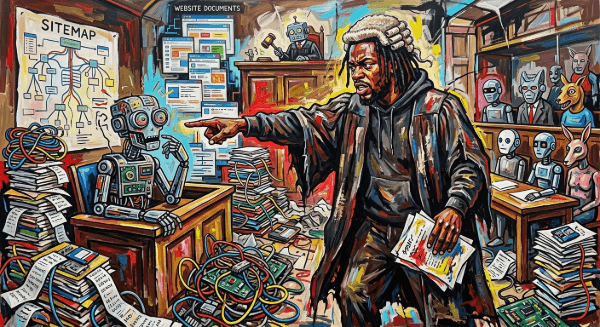 A rasta man forcefully interrogates a nervous, jittery robot courtroom. Generated for Skendong Poetry.