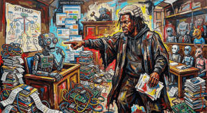 A Rasta man intensely interrogates a nervous, jittery robot in a courtroom. Image generated for Skendong Poetry.
