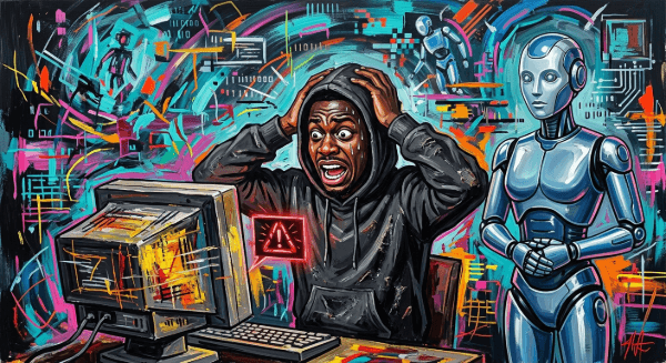 A panicked poet stares at a tiny warning on his computer while a calm AI robot looks on amid the surrounding digital chaos. Image generated for Skendong Poetry.