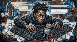 An overwhelmed poet sits buried beneath tangled cables and computer equipment, staring intensely at a small, confused robot. Image generated for Skendong Poetry.