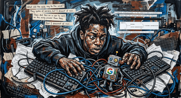 An overwhelmed poet sits buried beneath tangled cables and computer equipment, staring intensely at a small, confused robot. Image generated for Skendong Poetry.
