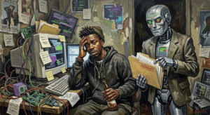 A guilty-looking poet, beer in hand, sits amid technological chaos as a smug AI robot presents the evidence. Image generated for Skendong Poetry.