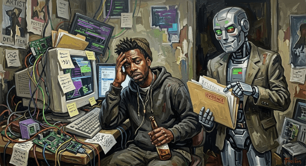 A guilty-looking poet sits amid a tangle of technology, beer in hand, while a smug AI robot presents the evidence. Image generated for Skendong Poetry.