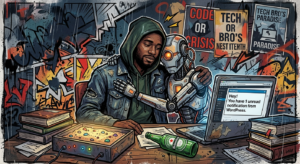 A hooded man representing Skendong and a robot embrace amidst Neo-Expressionist street art, unbothered by a WordPress notification. Image generated for Skendong Poetry.