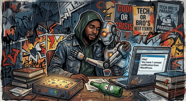 A hooded man representing Skendong and a robot embrace amidst Neo-Expressionist street art, unbothered by a WordPress notification. Image generated for Skendong Poetry.