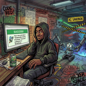 Hooded figure confronts a trapped AI robot in a sandbox amid web-development debris, in a neo-expressionist comic style. Image generated for Skendong Poetry.