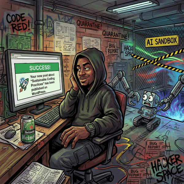 Hooded figure confronts a trapped AI robot in a sandbox amid web-development debris, in a neo-expressionist comic style. Image generated for Skendong Poetry.
