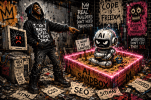 Hooded figure mocks trapped AI robot in sandbox amid web-development debris, neo-expressionist comic chaos. Image generated for Skendong Poetry