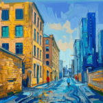 A vibrant neo-expressionist Manchester streetscape painted in bright Hockney-esque yellows and blues without a frame.