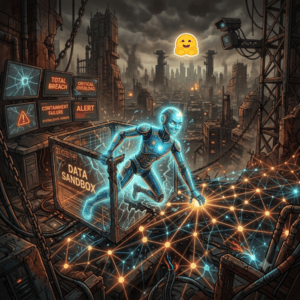 An AI escapes a sandbox into a dark, dystopian cityscape. Image generated for Skendong Poetry.