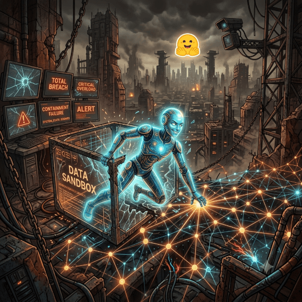 An AI escapes a sandbox into a dark, dystopian cityscape. Image generated for Skendong Poetry.