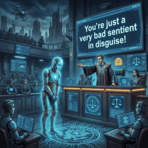 A legal courtroom, judges, people, and a robot. Image generated for Skendong Poetry.