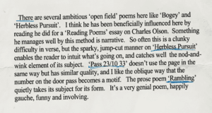 Typed assessment comments from poet and critic Jeffrey Wainwright on Skendong's MA poetry portfolio, Manchester Writing School.