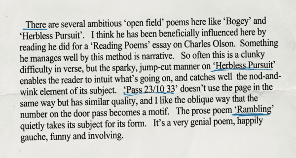 Typed comments from poet and critic Jeffrey Wainwright on Skendong's MA Clunky Narratives poetry portfolio.