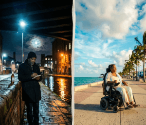 Split portrait contrasting a man writing under Manchester’s night sky with a woman relaxing on a sunny Caribbean coast.