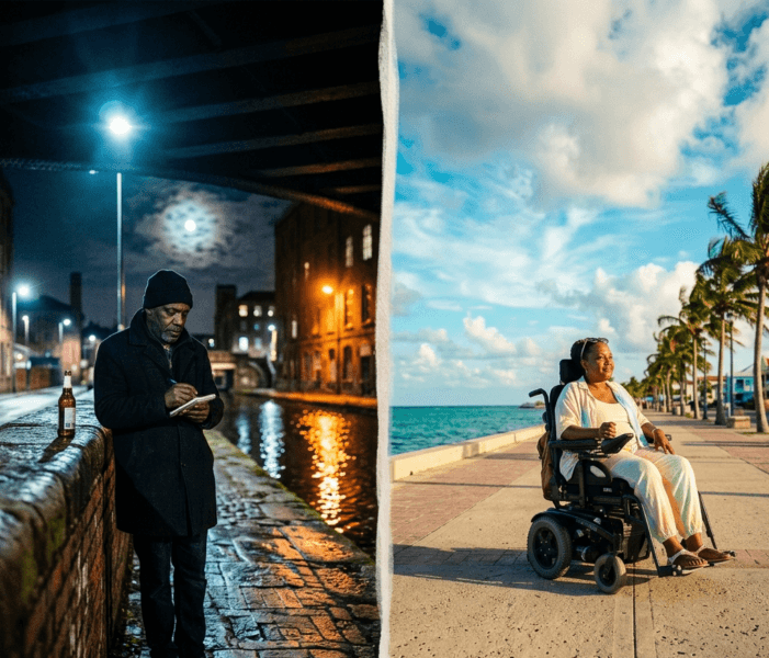 Split portrait contrasting a man writing under Manchester’s night sky with a woman relaxing on a sunny Caribbean coast.