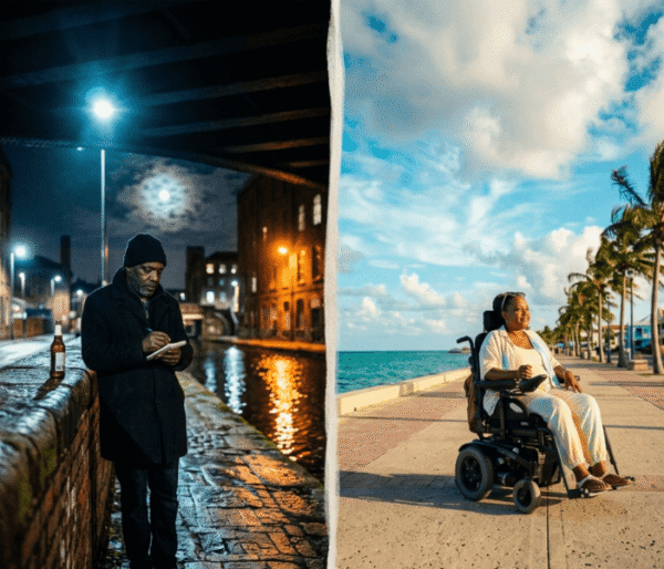 Split portrait contrasting a man writing under Manchester’s night sky with a woman relaxing on a sunny Caribbean coast.