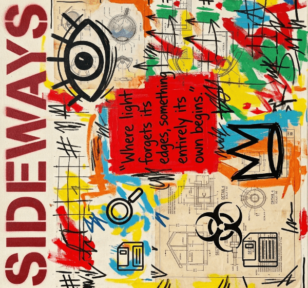 Vibrant Neo-Expressionist collage with bold scribbles, technical diagrams, eye symbol, and "SIDEWAYS" stencil header.