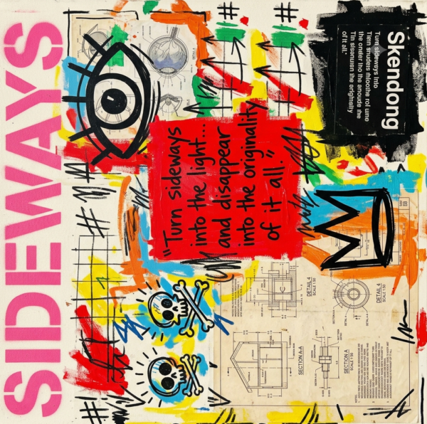 A square Neo-Expressionist artwork featuring "SIDEWAYS" in pink, and raw street-art collage elements. Generated for Skendong Poetry Sideways Series