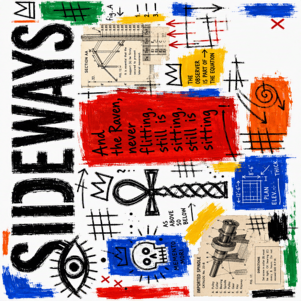 Neo-Expressionist mixed-media collage featuring bold typography, symbolic doodles, technical diagrams, vibrant paint strokes.