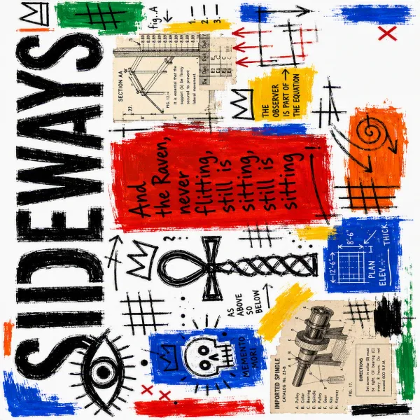 Neo-Expressionist mixed-media collage featuring bold typography, symbolic doodles, technical diagrams, vibrant paint strokes.