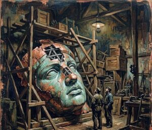 A large unfinished copper head in a shadowy 19th-century workshop — art for a schizophrenia poem about two brothers.