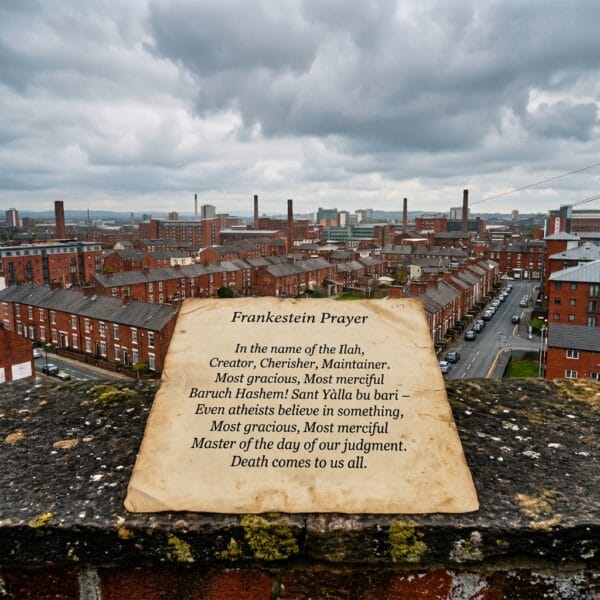 An aged manuscript page featuring a Skendong poem rests over industrial rooftops.