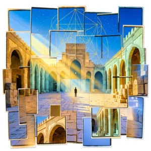 A photo-collage of an ancient courtyard with a silhouette, rendered in vibrant, saturated colors. Generated for Skendong Poetry.