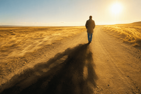 A lone traveler walks a sunlit road, propelled by wind, shadowed by an ambiguous presence.