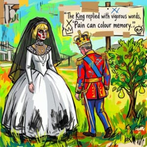 A bright illustration featuring a Princess and a King walking away. Generated for Skendong Poetry.