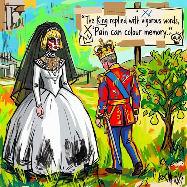 A bright illustration featuring a Princess and a King walking away. Generated for Skendong Poetry.