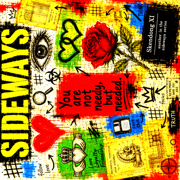 Neo-Expressionist mixed-media collage featuring bold hearts, rose, symbols, diagrams, vibrant colors, and affirmational typography. Image generated for Skendong Poetry.