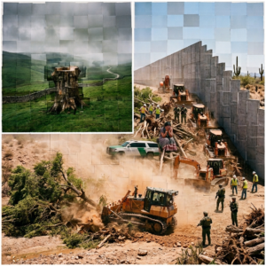 Photographic collage contrasting a lonely British tree stump with border wall construction and desert deforestation.