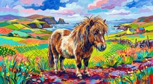 Vibrant, pop-art landscape features a tearful, shaggy Shetland pony. Generated for Skendong Poetry.