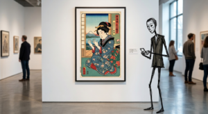 Slender sketch figure views traditional Japanese artwork in modern gallery.   