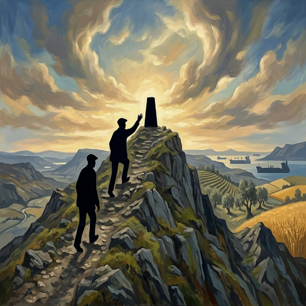Two silhouetted figures ascend a rugged mountain path toward a summit monument beneath swirling skies. Generated for Skendong Poetry.