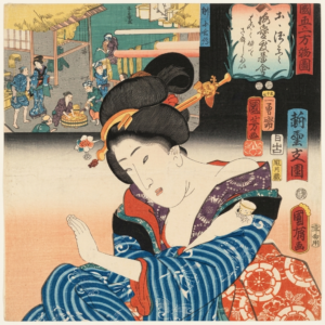 A lady admiring her nails by Artist Utagawa Kuniyoshi, 1852.