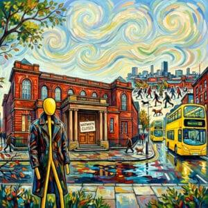 Bright artwork featuring a yellow matchstick figure outside a closed Whitworth gallery under swirling skies.