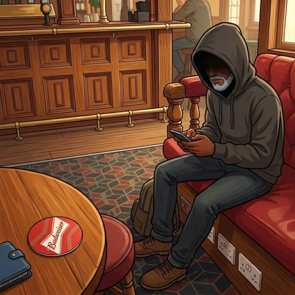 A hooded man with a grey beard types on his phone in The Unicorn Pub, Manchester.